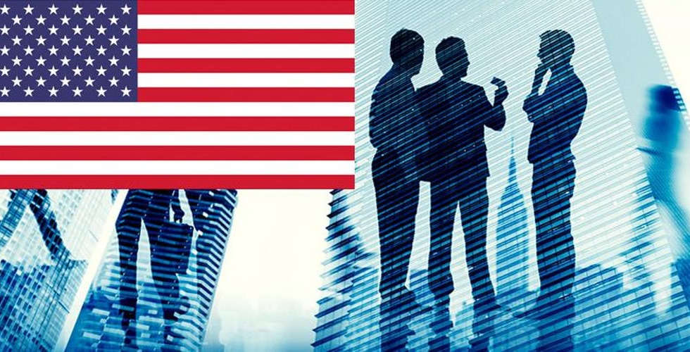 american flag with business people
